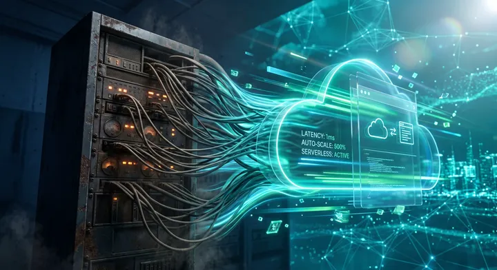 Transformation von einem alten Serverschrank hin zu einer modernen, leuchtenden Serverless-Cloud-Architektur mit minimaler Latenz.