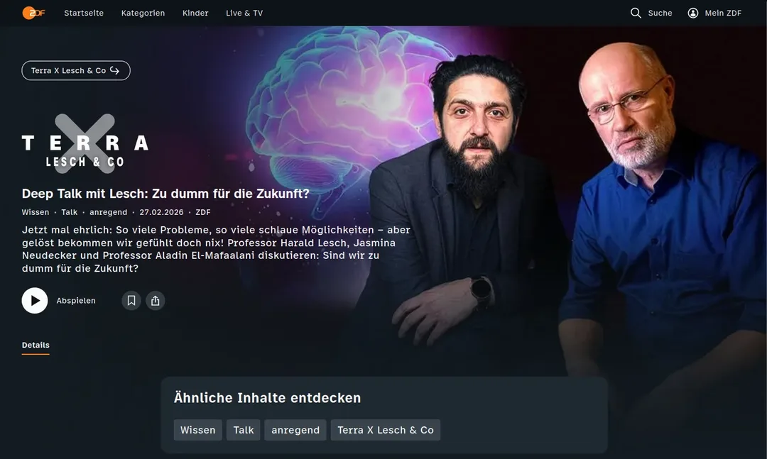 Screenshot ZDF Terra X Deep Talk mit Lesch: Zu dumm für die Zukunft?