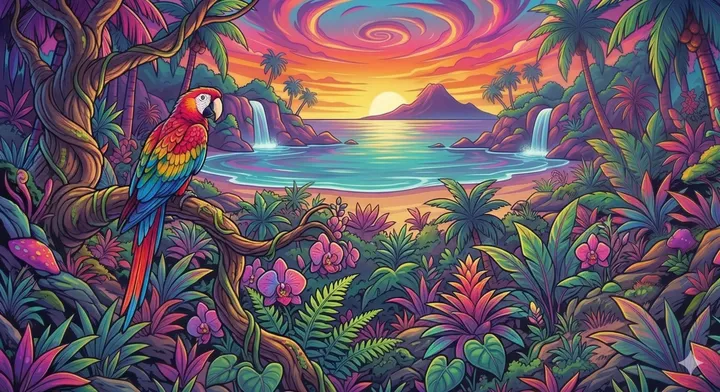Stylized Team Island Szene mit Papagei, surreale Farben
