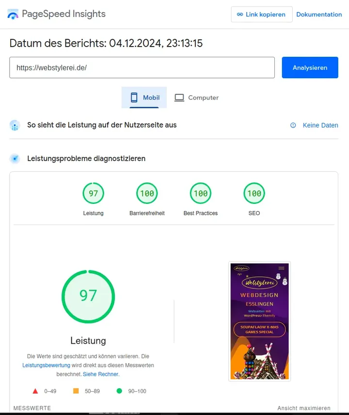 97-100-100-100 Mobile Pagespeed trotz heftigem Schneefall im Dezember 2024