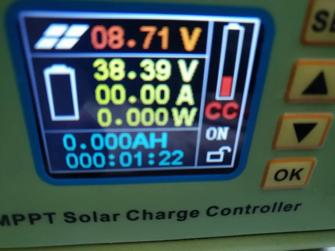 E-Bike Akku laden mit 2 x 50 Watt Solarpanel seriell an einem Trüben-Tassen-Tag im November: Leider 0 A