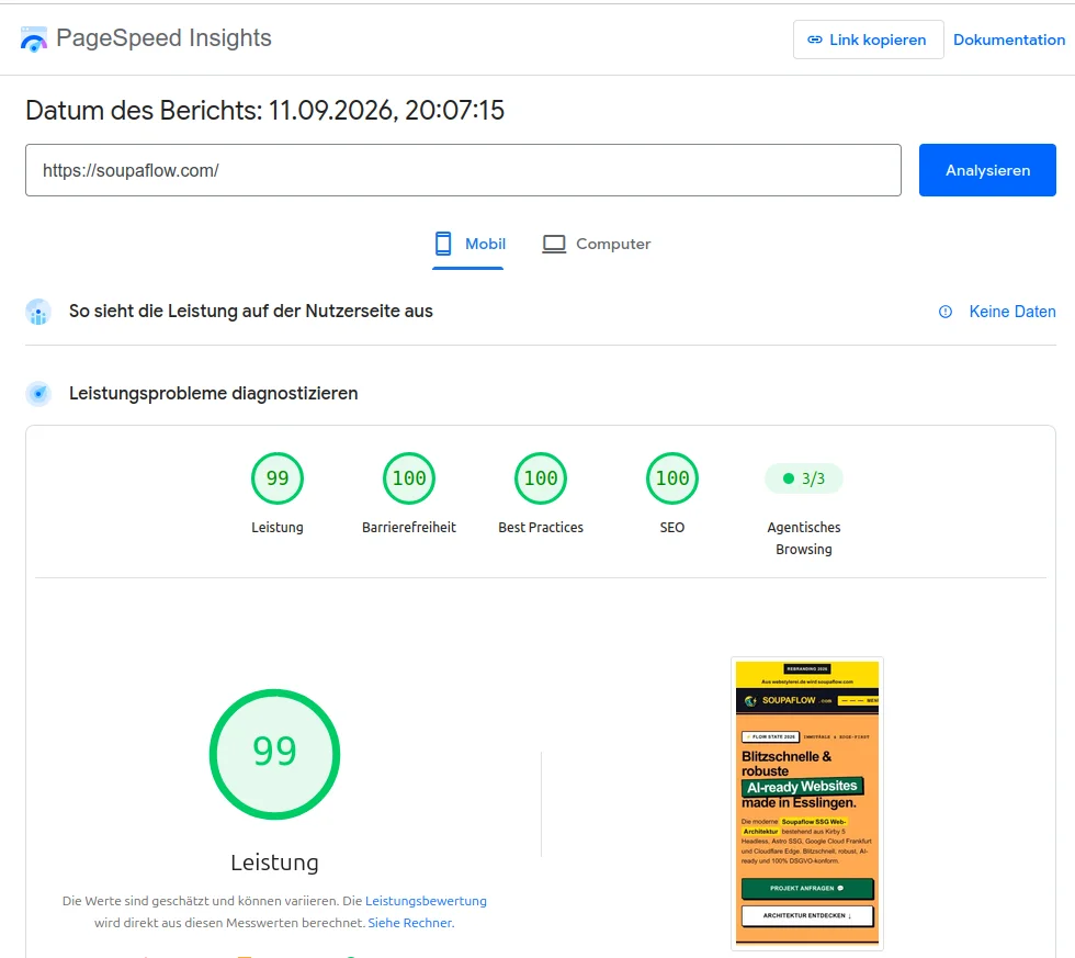 Google PageSpeed Insights Messung für soupaflow.com am 11.09.2026: Mobile Leistung 99, Barrierefreiheit 100, Best Practices 100, SEO 100, Agentisches Browsing 3/3