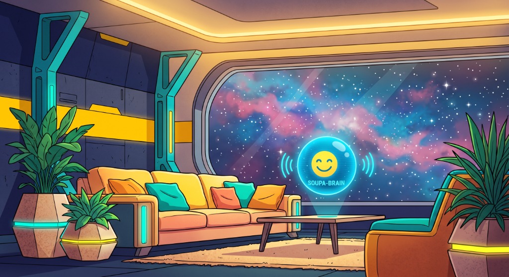 Gemütliche Spaceship-Lounge mit Sofa, Pflanzen und dem leuchtenden Scotty Soupabrain Hologramm